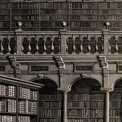 Etching of interior of Bodliean Library: bookcases, arches, and balestrades.
